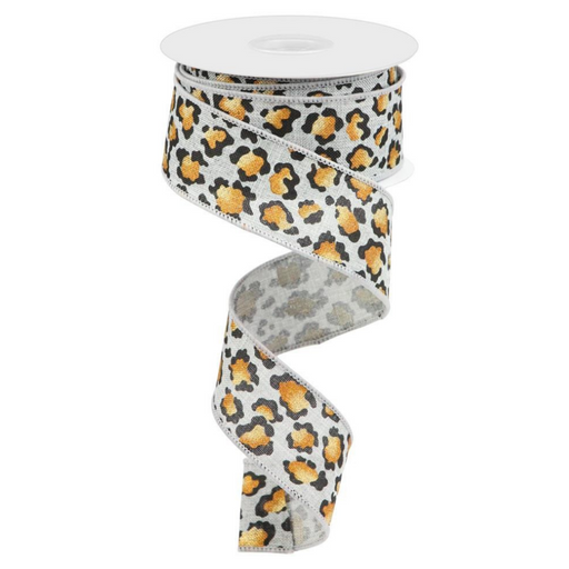 The 1.5 Metallic Animal Print Ribbon RGC13515X features a dazzling leopard pattern in black, orange, and white spiraled with hints of light grey.