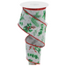 The 2.5 Light Grey Winter Foliage Ribbon RGC172810 is a polyester ribbon featuring a festive design with holly leaves, red berries, pine branches, and a red glittery edge. It is partially unwound to highlight its decorative pattern.