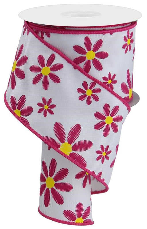 The 2.5X10Yd Embroidered Mixed Daisy Ribbon in White/Fuchsia/Yellow (RGE119427) features charming daisy patterns with a slight twist, perfect for adding a whimsical touch to your crafts.