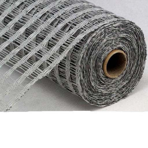 A close-up of 10 Grey Poly Burlap Check Mesh RP812810, partially unrolled on a white surface, showcases its grey grid pattern and open weave mesh texture.