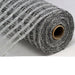 A close-up of 10 Grey Poly Burlap Check Mesh RP812810, partially unrolled on a white surface, showcases its grey grid pattern and open weave mesh texture.