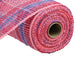 A roll of the 10" Pink Lavender Blue Plaid Poly Burlap RP8150 with hues of pink, fuchsia, lavender, blue, and white is partially unrolled around its cylindrical cardboard core.