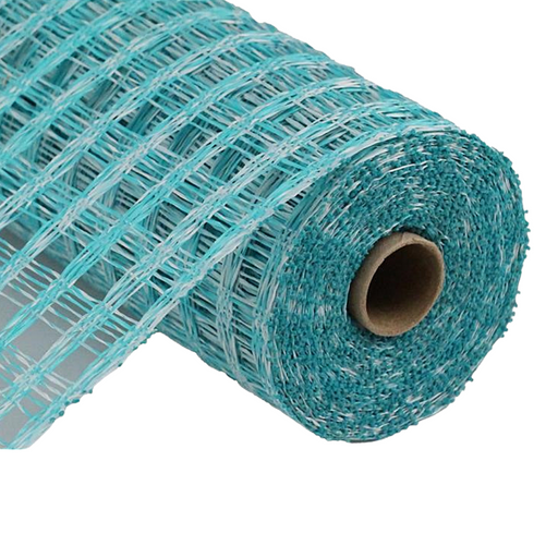 A close-up of the 10 Two-Tone Poly Burlap Check Mesh RP8153m3 shows its turquoise and white checked open mesh with a visible cardboard core, ideal for crafts and wreath making.