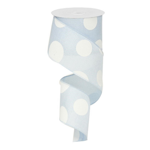 A partially unrolled spool of 2.5 Large Multi Dot Light Blue White Ribbon RX914375 with polyester wire edge spirals downward.
