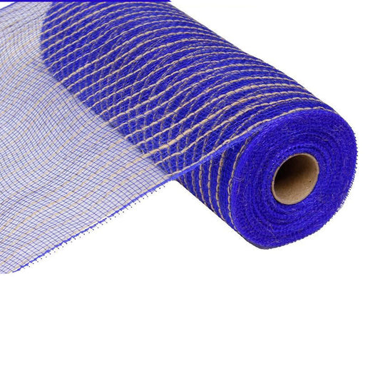 A roll of 10.5 Royal Blue Natural Poly Jute Mesh RY800525, partially unrolled to reveal its grid pattern, on a cardboard tube core.