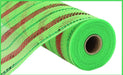 A partially unrolled roll of the 10.25X10Yd Poly/Faux Jute/Metallic Mesh in Lime/Red/Emerald (RY802045) features a visible cardboard core. This lightweight decorative polypropylene material, ideal for crafts or holiday decorations, is framed with a matching green border.