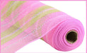 The 10.25X10Yd Jute/Iridescent Stripe Lt Pink/Spring Green/White RY8029AN features a sparkly and elegant mesh fabric with a jute-like texture, showcasing light pink, green, and white patterns while partially unrolled diagonally.