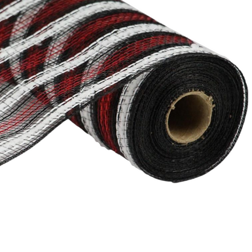 A roll of the 10.5" Red Black Metallic Snowdrift Mesh RY8111N6 fabric, showcasing a partially unrolled grid-like design with an integrated pattern of vibrant red, black, and white colors.