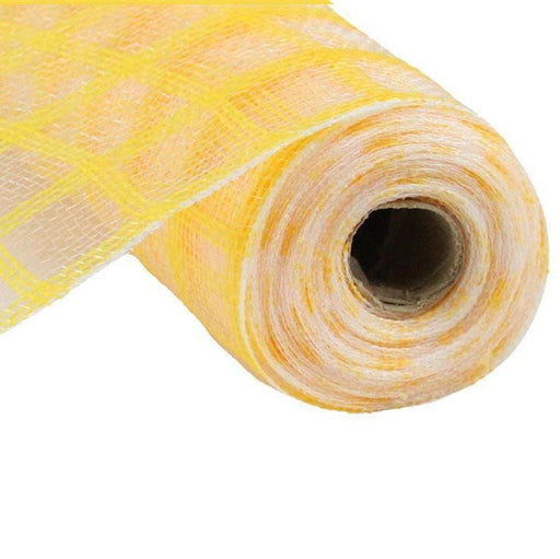 The 10.5 Yellow Faux Jute Check Mesh RY830629 roll, partly unrolled, displays its durable polypropylene construction with yellow-orange grid patterns on a white background.