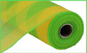 A roll of 10.25X10Yd Faux Jute/Pp Wide Stripe fabric in yellow and fresh green (RY8314B3) is partially unrolled, showcasing its intricate pattern on a white background and highlighting its vibrant hues.