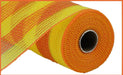 The 10.25X10Yd Faux Jute/Pp Small Stripe Yellow/Orange RY8319B4 mesh fabric features alternating yellow and orange polypropylene polyester bands, with a brown core edge. Its jute-like design has a coarse, net-like texture for visual interest.
