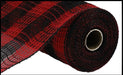 A partially unrolled roll of 10.25X10Yd Faux Jute/PP Small Check Red/Black RY8320E6 fabric showcases its red and black crisscross pattern, highlighting the polypropylene texture.