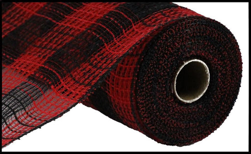 A partially unrolled roll of 10.25X10Yd Faux Jute/PP Small Check Red/Black RY8320E6 fabric showcases its red and black crisscross pattern, highlighting the polypropylene texture.