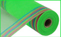 A partially unrolled roll of 10.25X10Yd Faux Jute/Pp/Border Stripe Mesh in lime, hot pink, fresh green, and turquoise is displayed against a white background.