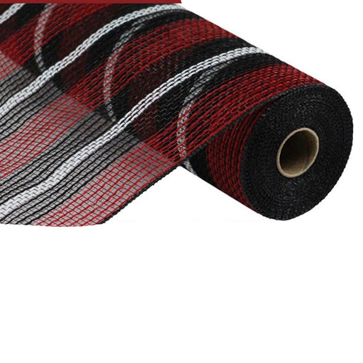 The 10.5 Red Black White Faux Jute Stripe Mesh RY8327H9 features durable polypropylene construction with alternating stripes, shown partially unrolled against a white background.