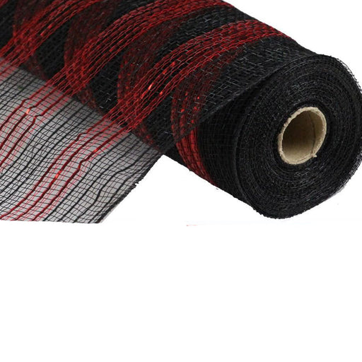 The 10.5 Black Red Faux Jute Stripe Mesh RY8328M5 is a durable polypropylene ribbon with a black base, diagonal red stripes, and netted texture. It measures 10 yards and comes partially unrolled for display.