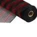 The 10.5 Black Red Faux Jute Stripe Mesh RY8328M5 is a durable polypropylene ribbon with a black base, diagonal red stripes, and netted texture. It measures 10 yards and comes partially unrolled for display.