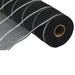 A roll of 10.5 Black Silver Poly Jute Matte Metallic Mesh RY8329N3 with white lengthwise stripes rests elegantly against a white background, revealing the hollow brown cardboard core, showcasing its durable and textured appearance.