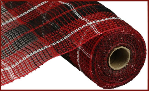 The 10.25X10Yd Faux Jute/Large Plaid Mesh (RY8331H9) features a durable red, black, and white plaid design with an open, woven texture—ideal for creative decorating.
