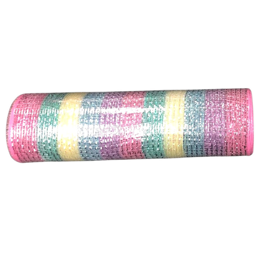 Introducing the 10" Unicorn Fun Stripe Mesh XB102310-02, a decorative roll showcasing enchanting stripes in multi-pastel shades of pink, green, yellow, and purple. Its shimmering texture lends a playful and sparkling effect.