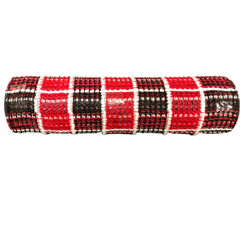 The product is a Red-Black Fuzz Snow Chex mesh, measuring 10 inches by 10 yards, featuring a red, black, and white plaid polyester pattern on a white background.