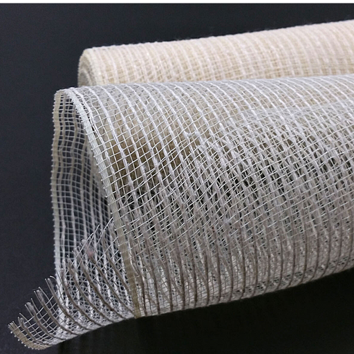 A close-up of the 10 Ivory Burlap Mesh XB97410-18 on a dark surface shows its semi-transparent, ivory-white grid pattern, featuring a slight curve as it unrolls. The texture is coarse with an underlying beige layer visible.