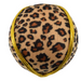 The 4 Animal Print Ball Ornament XO2555 is a round plush ornament covered in soft leopard-print fabric with brown, black, and tan spots, and finished with shiny gold trim around the seams.