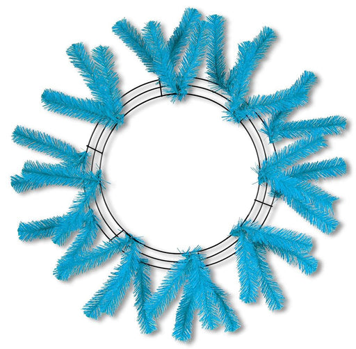 The 24 Work Wreath Turquoise XX748841 showcases vibrant turquoise blue artificial pine branches elegantly arranged in a circular frame for a festive, modern look.