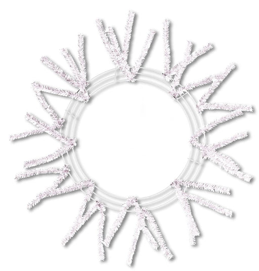The Pencil Work Wreath 24 Iridescent White XX751150 features even white artificial pine branches on a round frame, forming a pencil work wreath with an open center, all in bright iridescent white.