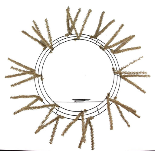 The 24 Burlap Pencil Wreath with Candle Holder XX7821W4 features a sunburst-like metal frame with evenly spaced beige, spike-like decorations. A small horizontal piece at the bottom balances the burlap theme, all set against a plain white background.