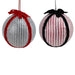 The 4 Black White Red Striped Fabric Ball Christmas Ornament Set of 2 (XY9033) includes one silver and white ball with a red ribbon and one red and white striped ball with a black ribbon—perfect for festive holiday décor.