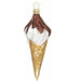 The Chocolate Ice Cream Cone Christmas Ornament by Inge-Glas of Germany (1-022-08) features a gold cone, swirled white ice cream, chocolate syrup, and a star-shaped hanger. Mouth blown and hand painted for unique holiday charm.