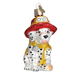 The Dalmatian Pup Old World Christmas Ornament 12208 is a hand-painted glass piece featuring a Dalmatian in a red CHIEF firefighter hat and yellow scarf, accented with glitter for festive sparkle.