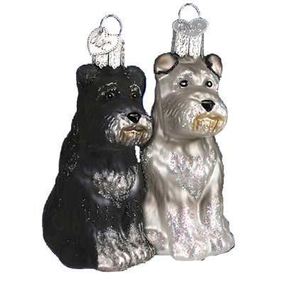 The Schnauzer Dog 12264 Old World Christmas Ornament Assorted set includes two hand-painted glass ornaments, one black and one white, with silver accents and shiny details. Each has a loop on top for easy hanging.
