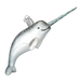 The Narwhal Whale 12538 Old World Christmas Ornament is a shimmering mouth-blown glass piece with a glittery tusk and hanging loop. This white and silver arctic sea-inspired narwhal, featuring a smiling expression, makes an ideal Christmas keepsake.