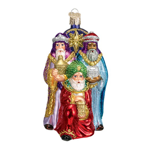 The Three Wise Men Old World Christmas Ornament 24083 beautifully portrays the Three Wise Men with gifts, featuring vibrant robes in shades of purple, red, and blue under a golden star. It also includes a silver loop for easy hanging.