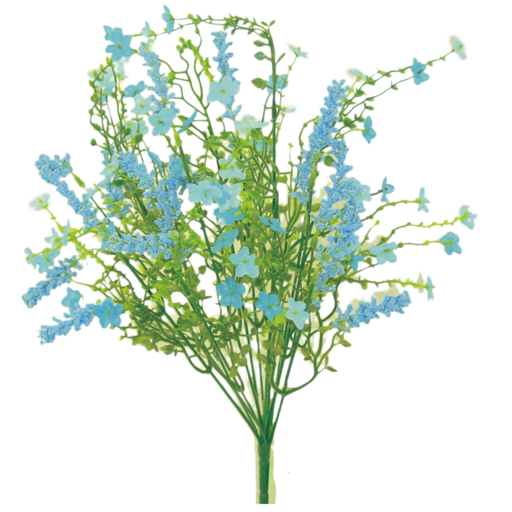 The Blue Babys Breath Filler Bush (30356BL) features delicate, small blue flowers and light green stems with leaves, complemented by sprigs of Babys Breath, arranged in an airy cluster against a white background.