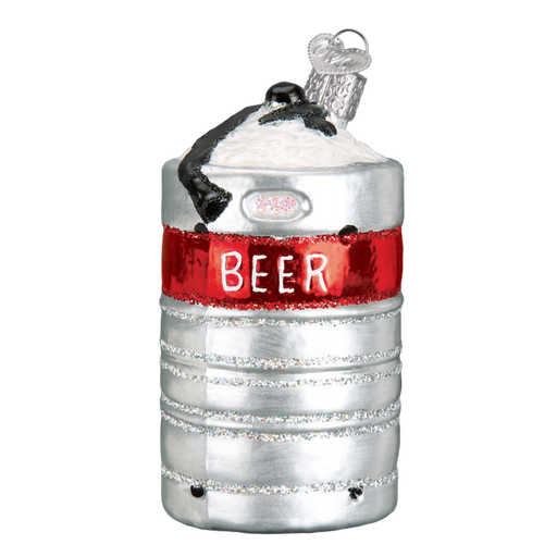 The Aluminum Beer Keg 32316 Old World Christmas Ornament is a shiny silver, hand-painted glass decoration shaped like a beer keg, featuring a red BEER band, pull-tab top, and glittery foam.