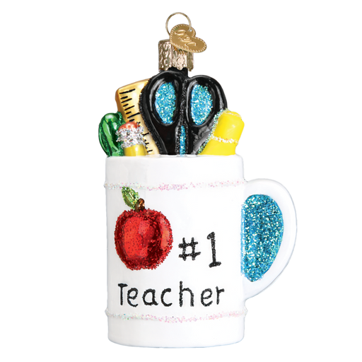 The Best Teacher Mug 32318 Old World Christmas Ornament features a “#1 Teacher” label, red apple, and glittery school supplies—ideal for brightening any teacher’s holiday décor.