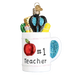 The Best Teacher Mug 32318 Old World Christmas Ornament features a “#1 Teacher” label, red apple, and glittery school supplies—ideal for brightening any teacher’s holiday décor.