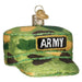 The Army Cap 32376 Old World Christmas Ornament features a camouflage pattern, bold ARMY patch, green and gold glitter accents, and a gold hanging loop—perfect for adding military style to your tree.