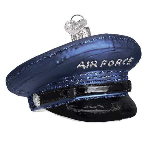The Air Force Cap 32379 Old World Christmas Ornament features a dark blue, glitter-accented Air Force cap with AIR FORCE on the front and a silver hanging loop.
