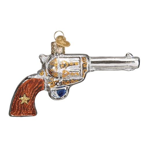 The Western Revolver 36196 Old World Christmas Ornament is shaped like a detailed revolver with a brown handle, gold accents, and includes a hanging loop on top.
