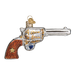 The Western Revolver 36196 Old World Christmas Ornament is shaped like a detailed revolver with a brown handle, gold accents, and includes a hanging loop on top.