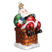 The Chimney Stop Santa 40297 Old World Christmas Ornament is a hand-painted glass decoration showing Santa in a glittery brick chimney with his red suit, black boots, green sack, and a gold loop for hanging.