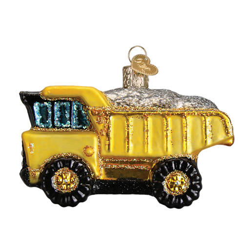 The Toy Dump Truck 44085 Old World Christmas Ornament is a hand-painted glass piece in yellow with glittery silver details, adding playful elegance to your tree.
