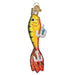 The Fishing Lure 44147 Old World Christmas Ornament is a hand-painted, glitter-accented glass piece in yellow, orange, and red. Inspired by Old World Christmas designs, it stands upright with a metallic hook tail and gold hanging loop.