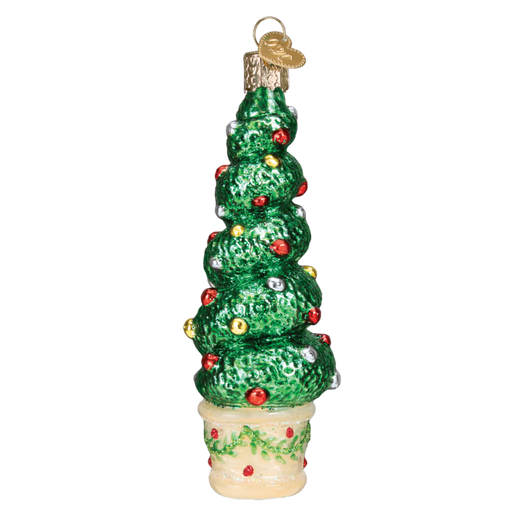 Holiday Topiary 48040 Old World Christmas Ornament features a tall, hand-painted glass Christmas tree adorned with red, silver, and gold baubles, placed in a cream-colored pot decorated with holly and red berries.