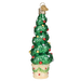 Holiday Topiary 48040 Old World Christmas Ornament features a tall, hand-painted glass Christmas tree adorned with red, silver, and gold baubles, placed in a cream-colored pot decorated with holly and red berries.