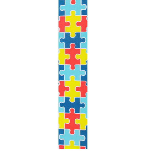 The 1.5 Red Yellow Blue Puzzle Print Ribbon RG01818W5 is a vertical strip with vibrant interlocking pieces in red, yellow, blue, and light blue hues. Crafted from durable polyester, this colorful tessellated design offers long-lasting charm and versatility.
